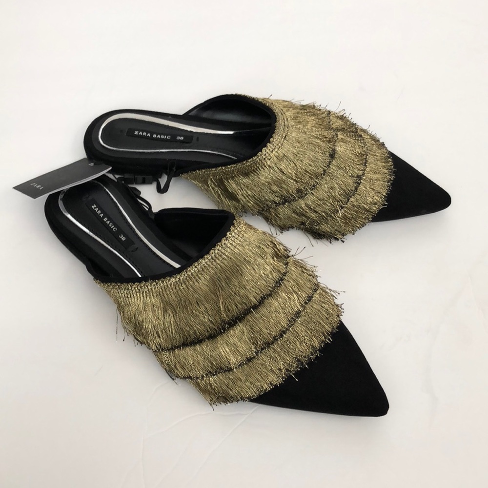 Zara pointy toe flat mules with fringe sz:6.5